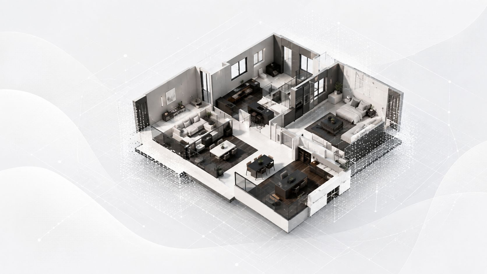 Vue « maison de poupée » d’un appartement en coupe, telle que la produit une visite.